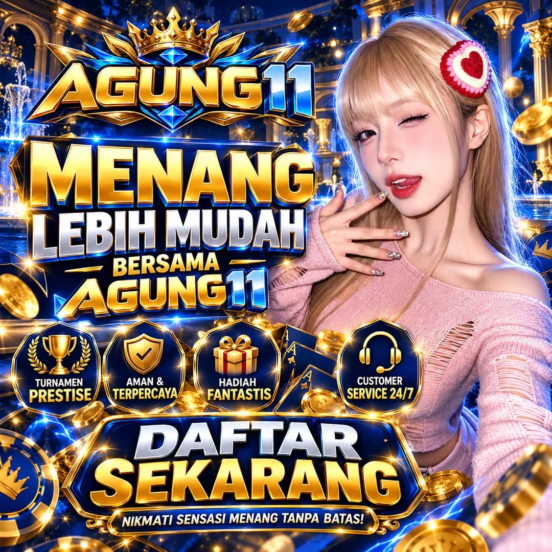 Poster promosi AGUNG11 dengan figur perempuan, kartu, koin, dan ajakan mendaftar